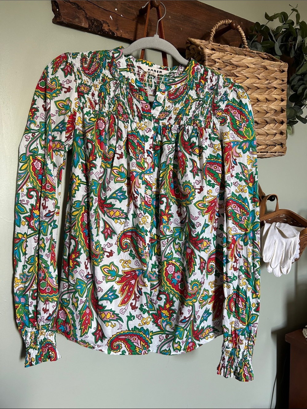 Boden White Paisley Smock-Neck Long-Sleeve Blouse with Multi-Color Print